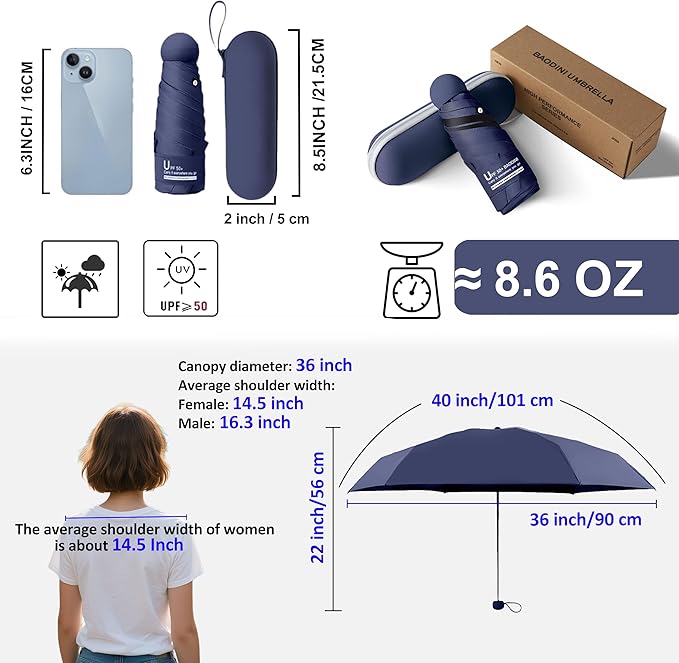BAODINI Travel Essentials Mini Umbrella for Purse With Case Small Compact UV Sun Protection Lightweight Tiny Pocket Manual Open Close Umbrella for Women Kids and Men Fit Purse Backpack