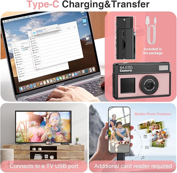 Digital Camera for Photography and Video, FHD 4K Kids Camera 64MP Point and Shoot Digital Vlogging Cameras with 32GB SD Card for Beginners Teen Girls Boys Gifts