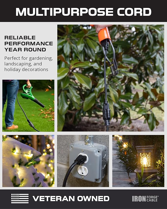 Iron Forge Cable 10 Ft Black Extension Cord, 16/3, 10 Foot Extension Cord, 3 Prong, Weatherproof - Great for Outside Use