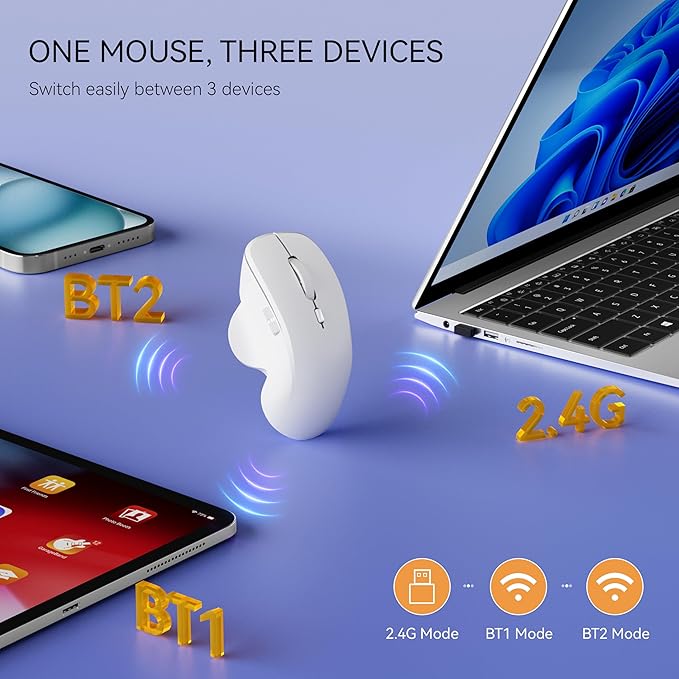 Uiosmuph Mini Wireless Bluetooth Mouse for Travel, Silent Rechargeable Computer Mouse for Laptop, Small Portable BT5.1/5.0 & 2.4Ghz with USB Receiver and Type C Adapter - White
