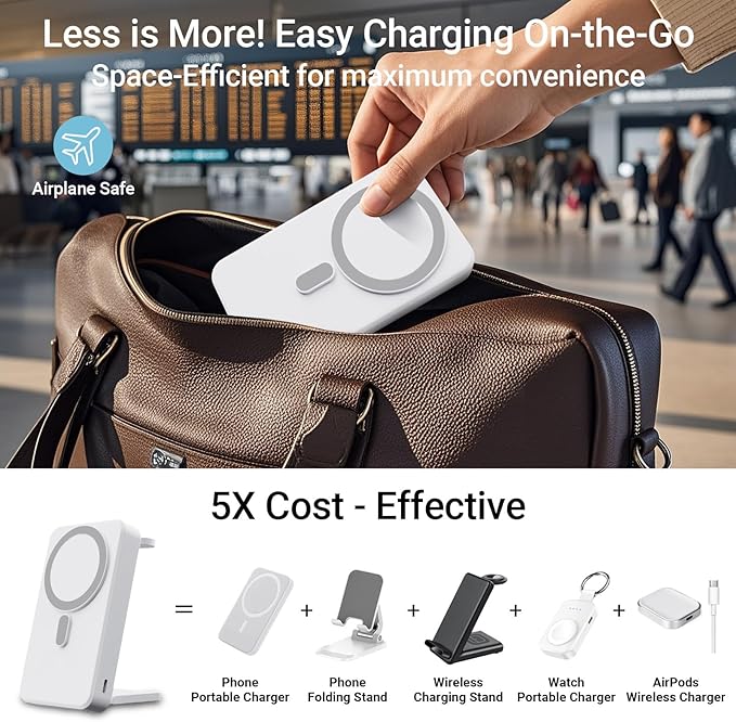 3-in-1 Portable Charger, 10000mAh Foldable Power Bank Fast Charging,MagSafe Charger Battery Pack Magnetic,Travel Wireless Charging Station for iPhone 16/15/14/13/12,iWatch, Air pods, White