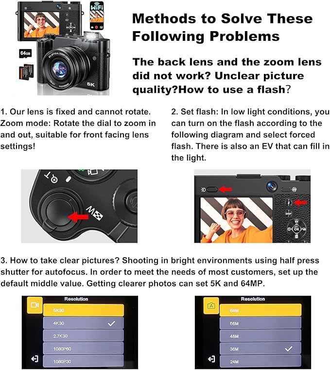 Digital Camera, 6X Optical Zoom & WiFi, 5K 30FPS 64MP Vlogging Camera, Rear and Front Cameras for Photography and Video, Autofocus & Anti-Shake, Travel Selfie for YouTube with Flash Dial 64GB Card