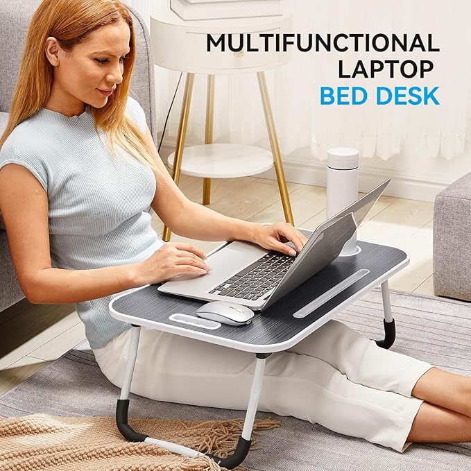 BUYIFY Folding Lap Desk, 23 Inch Portable Wood Black Laptop Bed Desk Lap Desk with Cup Holder, for Working Reading Writing, Eating, Watching Movies for Bed Sofa Couch Floor