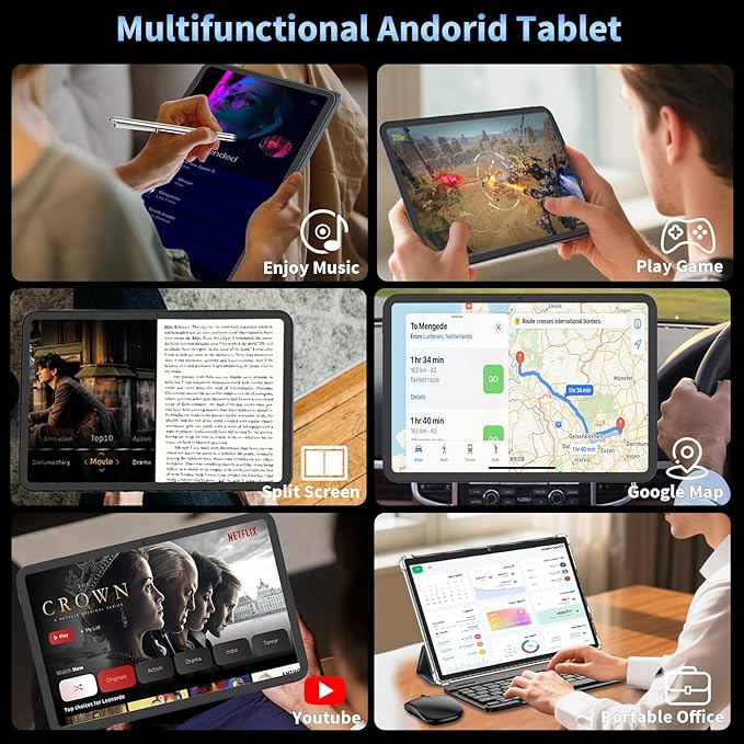 13.4 Inch Tablet Android 15 Tablets, 2025 Upgraded Android Tablet with Keyboard, 32GB RAM+256GB ROM(2TB Expand), Octa-Core, 2K 1920x1200 Display, 16MP Dual Camera, 10000mAh, 2.4G/5G WiFi, GPS (Black)