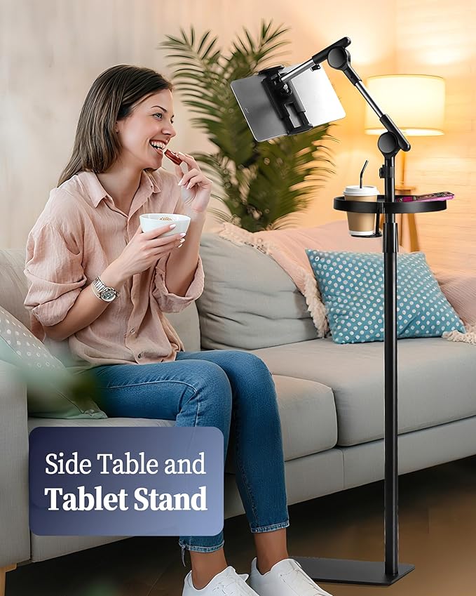 SHUWEI Tablet Floor Stand with Tray and Double Self-Locking Worm Gears, 63”Height Adjustable Floor Stand with 7.5lb Stable Base, Compatible with 4.7-15.6'' iPad, Kindle, Phone