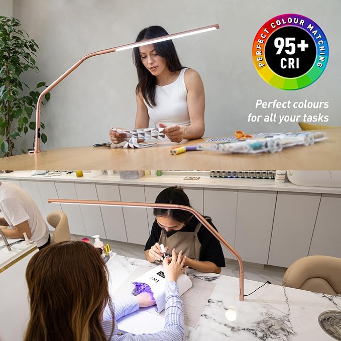 daylight Slimline 4™ LED Table Lamp in Rose Gold - 6,000K, 3,200 Lux, 4 Brightness Levels, USB-C Charging Port, Anti-Glare Diffuser, Flexible Design, Art & Craft, Sewing, Nail Salon