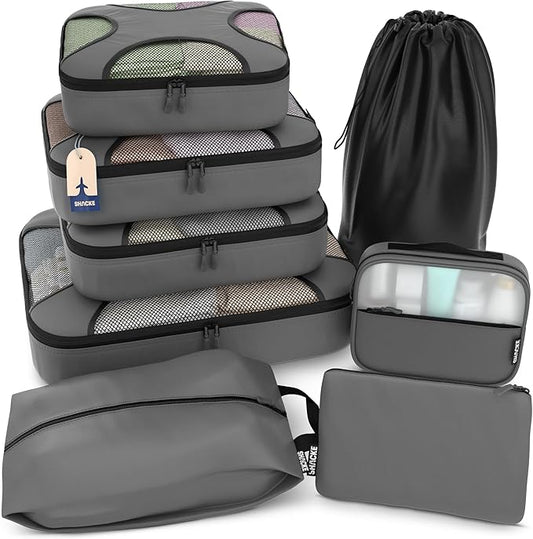 Shacke Premium 8 Packing Cubes Set - Lightweight Mesh Travel Luggage Organizers with Laundry Bag, 8-Piece Suitcase Storage System (Dark Grey)