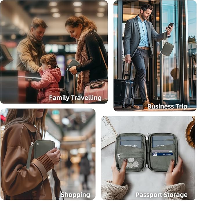 WALNEW Passport Holder Family for 4, RFID Blocking Travel Wallet Women Men, Lightweight Zipper Document Organizer Pouch Bag Credit Cards Case Cover for Travelling, Gray