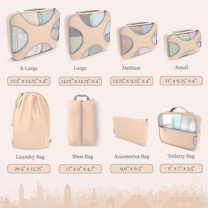 Shacke Premium 8 Packing Cubes Set - Lightweight Mesh Travel Luggage Organizers with Laundry Bag, 8-Piece Suitcase Storage System (Nude Biege)