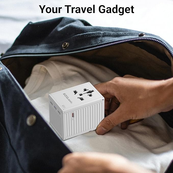 EZQuest WorldTravel 65W GaN 5-Port Wall Charger - Compact Universal Travel Adapter with 4 Plug Types (US/UK/EU/AU) for 200+ Countries - 4X USB-C & 1x USB-A Ports, PD Fast Charging - White