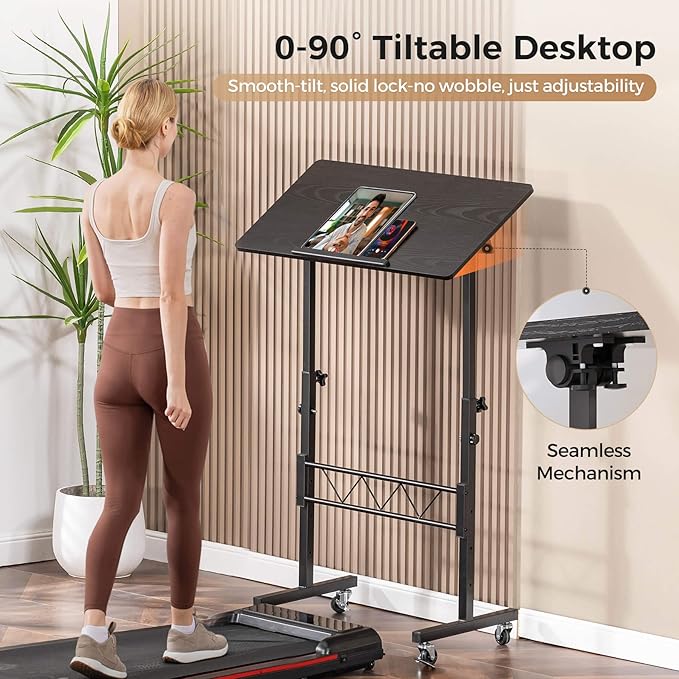 COMHOMA Small Standing Desk Adjustable Height & Tiltable Tabletop, Mobile Stand Up Desk for Laptop, Portable Computer Table for Home Office Work and Walking Pad Treadmill, Height 30.7"-46.4", Black