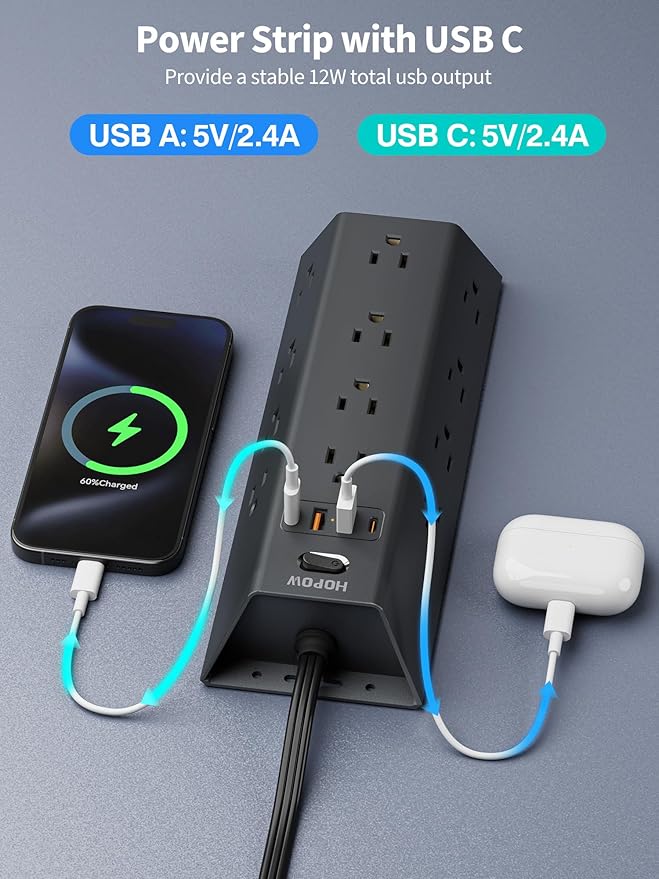 12 Outlets Surge Protector Power Strip, HOPOW 5FT Flat Plug Extension Cord with 12 AC Outlets & 4 USB Ports (2 USB C), 1700 Joules, Desk Charging Station for Home Office Room, Black