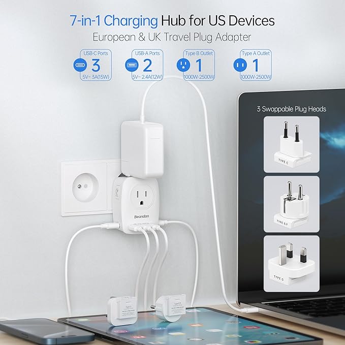BEONDON European Travel Adapter Kit with Detachable Plugs (C/E/F/G) for UK, France, Germany, Italy, Spain & More - 2 US Outlets & 5 USB Ports (3 USB C) - Multi-Device Charger