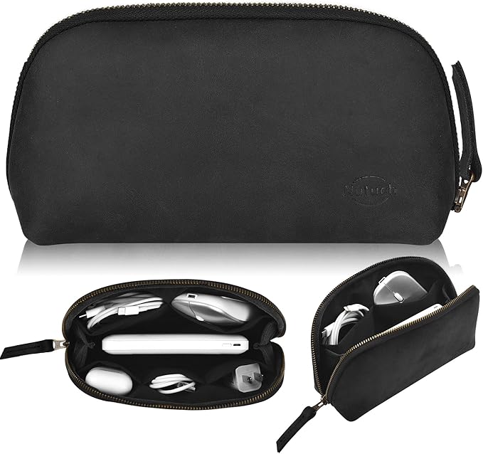 Leather Tech Pouch for Cables Chargers Phone | Tech Bag | Zipper Travel Accessory Pouch | Electronic Organizer Case Travel Bag (Black)