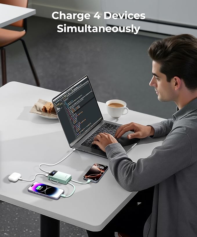 Portable Charger Power Bank - 30000mAh 65W Laptop Travel Essentials Battery Pack USB C Built in Cable Phone Fast Charging Compatible with iPhone 16 15 14 13 iPad MacBook Samsung Google (Green)