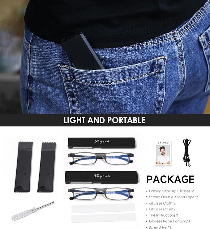 2 Pack Ultra thin Lightweight Folding Reading Glasses Women Men TR90 Blue Light Blocking Anti UV/Eyestrain Foldable Compact Computer Readers Portable Unique Stretchable Slim Flat case Gunmetal, +2.0