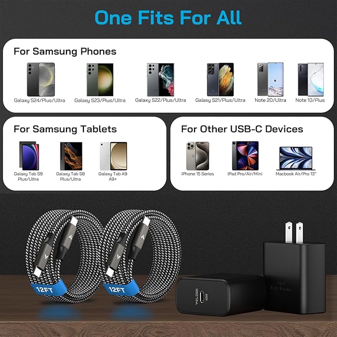45W Super Fast Charger USB C, 45 Watt Type-C Android Phone Charger Fast Charging Block with 12FT Type C Cords for Samsung Galaxy S25 Ultra/S24 Ultra/S24+/S23 Ultra/S23+/S22 Plus/S20, Tab S9/S8 Ultra