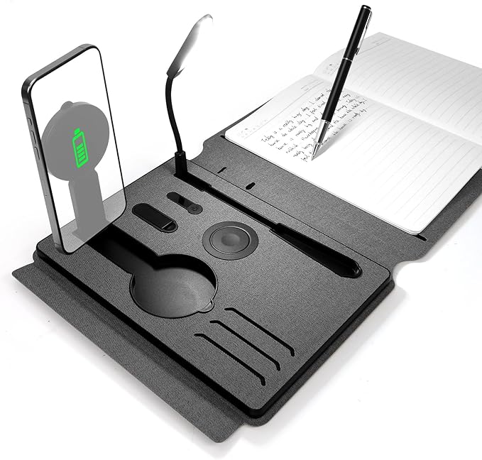 Travelers Notebook with book light,Travel Journal with 10000mAh Power Bank & 2-in-1 Wireless Charger,Hardcover Journal Set with Pen and Gift Box,Notebooks for Work,School,Travel,Business,Gift. ﻿