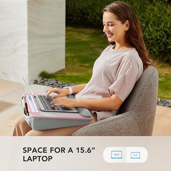 HUANUO Lap Laptop Desk - Portable Lap Desk with Cushion, Fits up to 15.6 inch Laptop, Anti-Slip & Storage Function - Pink