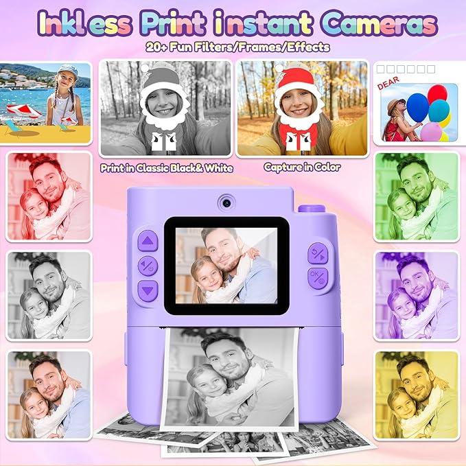 Kids Camera Gift for Girls: Selfie Digital Instant Print Cameras HD Toys for Kids Teen Girls Boys Ages 3 4 5 6 7 8 9 10 12 Birthday Christmas Valentines Easter Gifts with 32G SD Card Purple