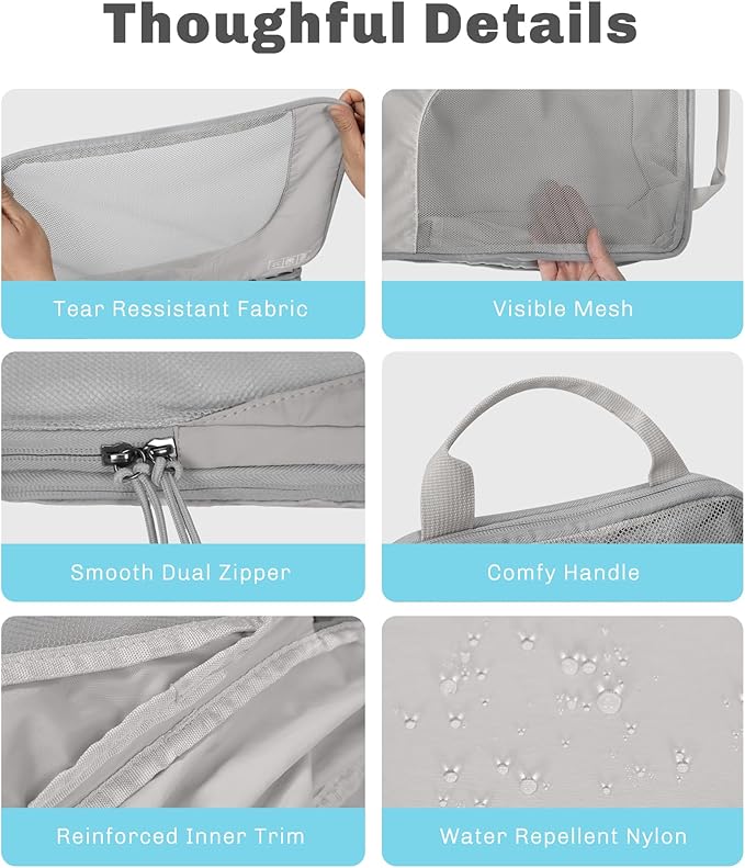 Hynes Eagle 6 Set/ 4 Set/ 2 Set Compression Packing Cubes Travel Essentials Lightweight Nylon Luggage Suitcase Organizer Bag Light Grey 6PCS