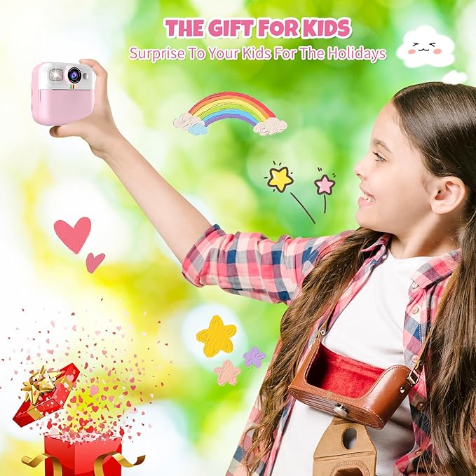 Instant Print Camera for Kids, Christmas Birthday Gifts for Girls Age 3-10, Toddler Toy for 3 4 5 6 7 8 9 10 Year Old Girls with 3 Roller Photo Paper (Pink)