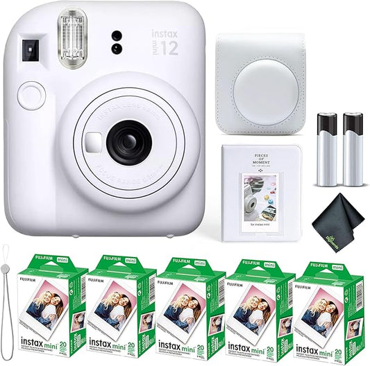 Fujifilm Instax Mini 12 Instant Camera Clay White Bundle with Fuji Instax Mini Film Value Pack (100 Sheets) + Protective Carrying Case + Photo Album + Microfiber Cleaning Cloth