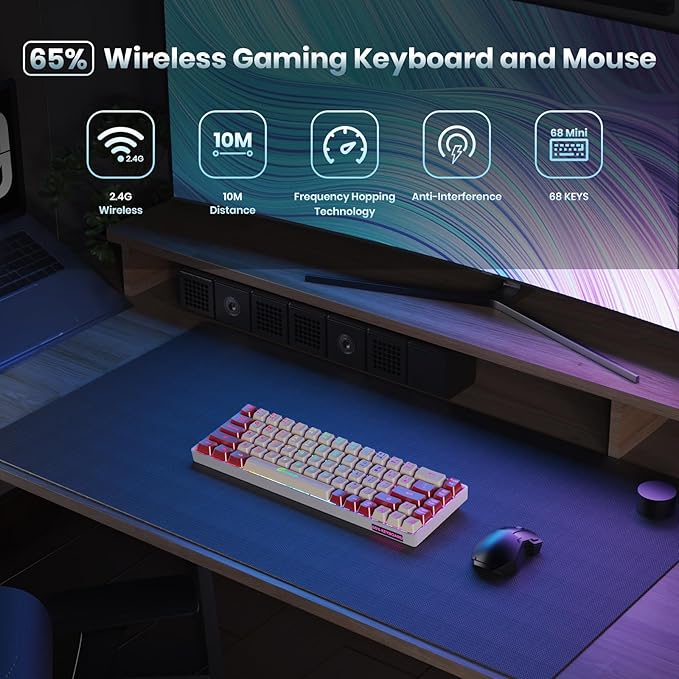 65% Wireless Gaming Keyboard: LED Backlit, 68 Keys, Ultra-Compact, Anti-ghosting, No-Conflict Wireless Keyboard for PC Laptop Windows Gamer(White-Red)