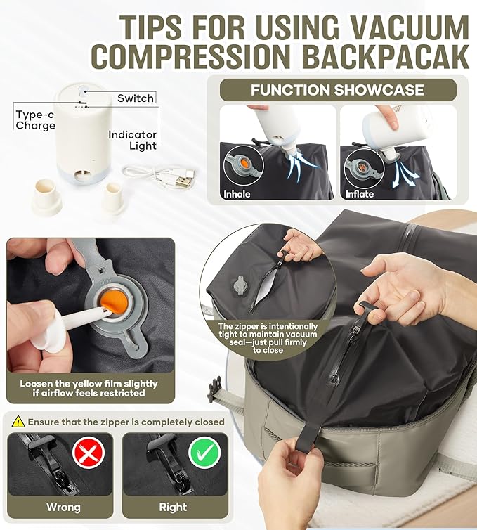 Vacuum Travel Backpack with Pump for Women, Personal Item Carry on Vacpack Backpacks Flight Approved 18x14x8 inches for Men,Laptop Waterproof Work Compression bags Casual Daypack GreyBrown