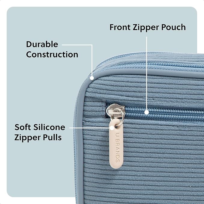 U Brands Dual Zip Corduroy Travel Electronics Organizer, Tech Carry Case, Portable Travel Bag, Cord Storage, 8" x 5.25" x 2.5", Haze Blue