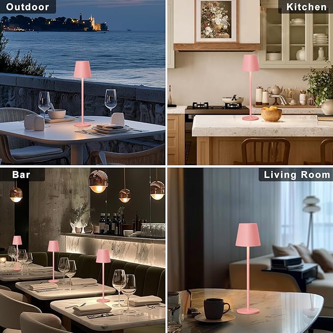 Kakanuo Pink Cordless Table Lamps, Rechargeable Lamp, Battery Operated Lamps, Touch Control Table Lamps, 3 Color Temperature, Stepless Dimmable, LED Portable Wireless Battery Lamp, Set of 2