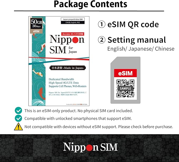[eSIM] Japan eSIM 30 Days Data Only SIM | 50GB High-Speed 4G LTE + Unlimited Data at Reduced Speed | No Roaming Needed for Faster, Safer Access | Hotspot tethering Supported | Docomo | Made in Japan