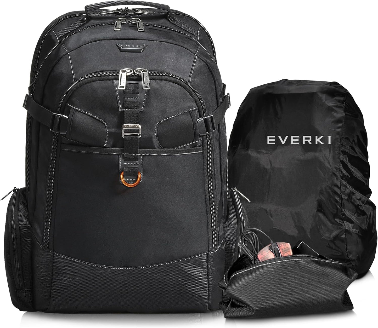 EVERKI Business 120 Laptop Backpack with Rain Cover, 40L Capacity, Large Compartment for Laptops Up to 18.4", 180° Fold-Out Design, Padded Pocket, Durable Design with Multiple Pockets – EKP120 - Black