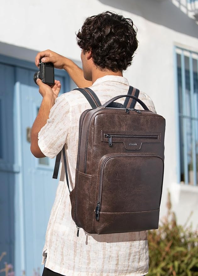 Shrrie Leather Laptop Backpack for Women and Men,28 L Travel Backpack Computer Bag Fits 16 inch Laptop,Expandable Casual Daypack with USB Charging Port for Work Business Weekender College,Coffee