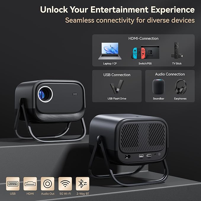 Electric Focus&360°Adjustable Stand-1080P Phone Projector with WiFi and Two-way Bluetooth,MEER 2025 Latest Upgraded Auto Keystone Ceiling Projector, Home Movie Proyector for iPhone/TV Stick/Laptop