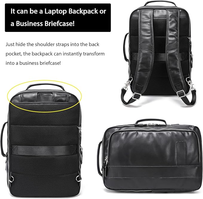 LANNSYNE Vegetable Tanned Leather Backpack for men, Expandable Leather Backpack Fits 15.6 Laptop, Tote Shoulder Travel Bag Rucksack