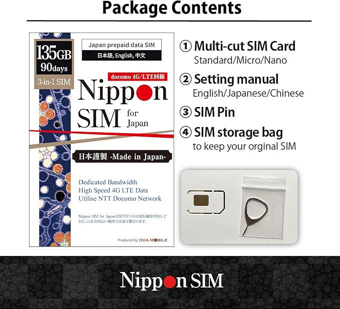 Japan SIM Card 90 Days Data Only | 135GB High-Speed 4G LTE | No Roaming Needed for Faster, Safer Access | Hotspot tethering Supported | Docomo Network | Made in Japan