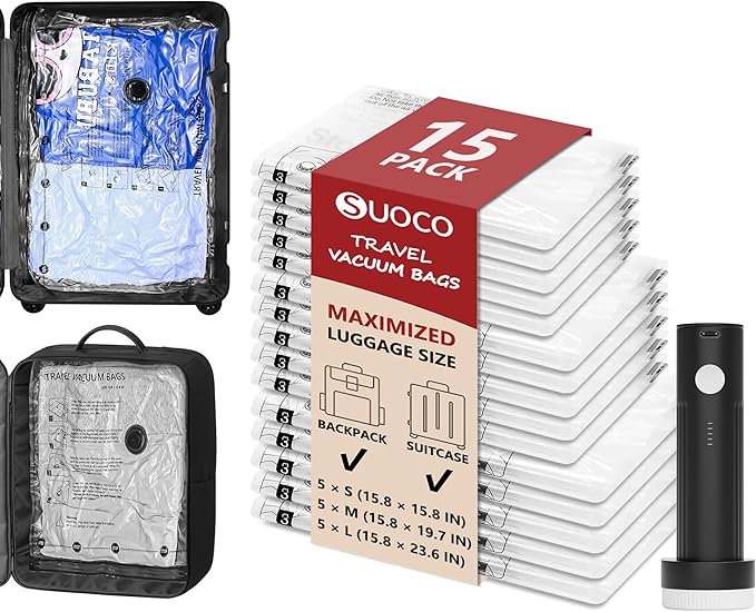 SUOCO Travel Vacuum Seal Bags for Clothing with Rechargeable Electric Pump, 15 Pack Compression Packing Bags for Luggage Suitcase Backpack, Carry-on Size Space Saver Storage