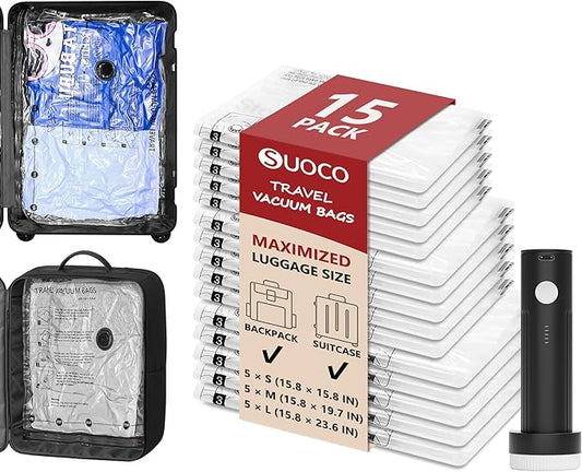 SUOCO Travel Vacuum Seal Bags for Clothing with Rechargeable Electric Pump, 15 Pack Compression Packing Bags for Luggage Suitcase Backpack, Carry-on Size Space Saver Storage