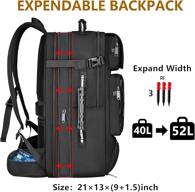 MATEIN Expandable Travel Backpack With Shoe Compartment, 52L Large Luggage Suitcase with Waist Straps & USB Charging Port, 17 Inch TSA Laptop Backpack With 3 Packing Cubes for Men, Black