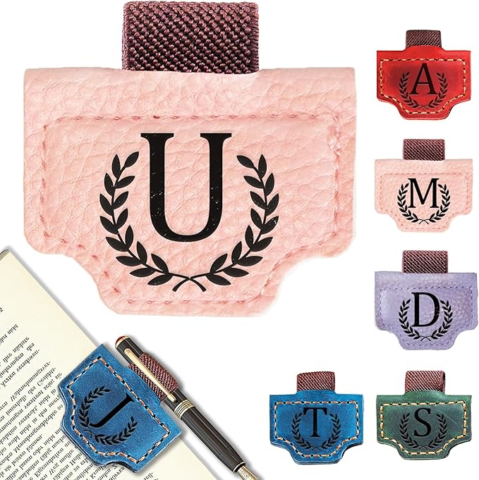 Personalized Bygone Mark Bookmark with Pen Holder, Leather Magnetic Bookmark 26 Letters Name Initial Bookmarks for Readers, Book Lover Gifts for Women Men Notebook Accessories (Pink, U)