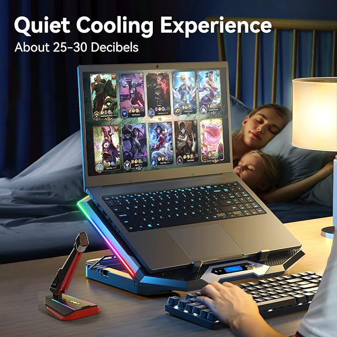 ICE COOREL Gaming Laptop Cooling Pad with 8 Cooling Fans, Laptop Fan Cooler Pad for 15-17.3 Inch, Notebook Cooler Stand with 6 Height Adjustable, RGB Cooling Pad with Two USB Port + Phone Stand