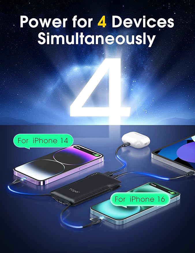 TG90° 2 Pack 10000mAh Power Bank Built-in Foldable AC Wall Plug and Cables,Pocket Size USB C Portable Charger,Ultra Slim Battery Pack Compatible with iPhone Series and Android Devices