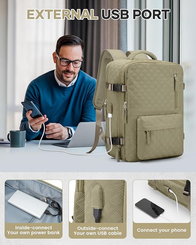 Vacuum Travel Backpack with Pump for Women,Personal Item Carry on Backpacks Flight Approved 18x14x8 inches for Men,Laptop Waterproof Work Compression bags Casual Daypack Khaki.