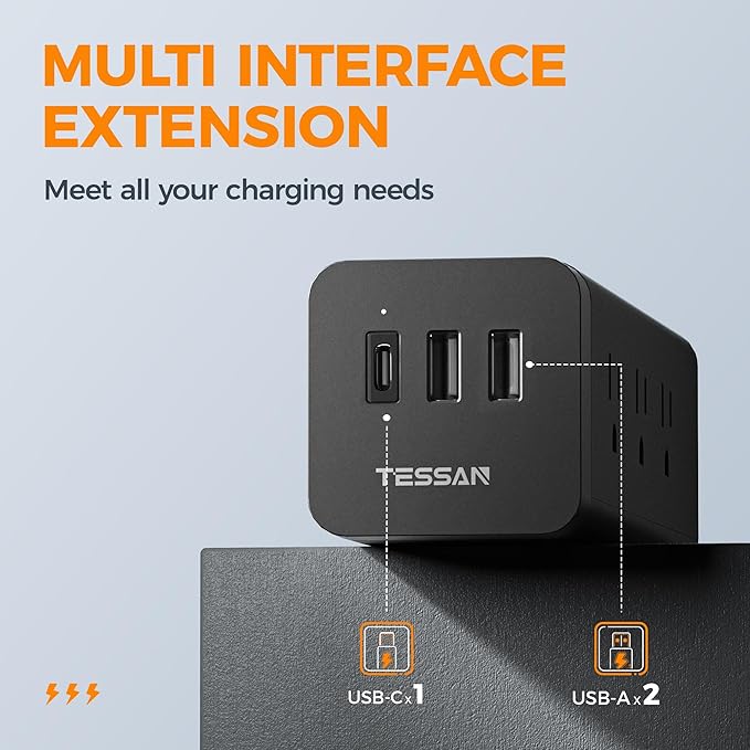 Surge Protector Power Strip, TESSAN 5 FT Extension Cord with Multiple Outlets Flat Plug, 9 Outlet Extender with 3 USB(1 USB C), 4-Sided Charging Station for Home Office Supplies Dorm Room Essentials