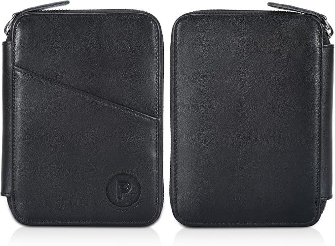 Polare Full Grain Leather Travel Passport Wallet RFID Blocking Passport Holder Soft Bifold Cover Case with YKK Zipper (Black with AirTag Slot)