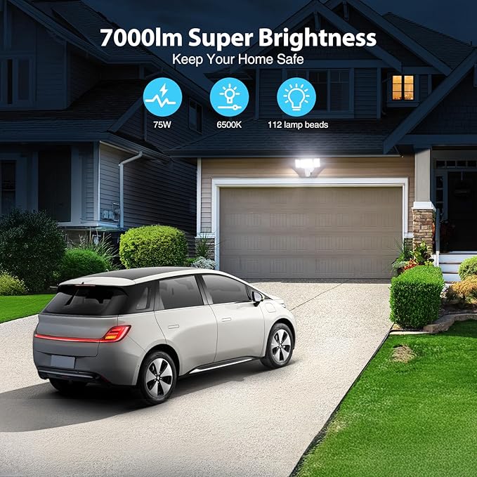 Olafus 75W Motion Sensor Outdoor Lights, 7000lm Motion Flood Light Dusk to Dawn, IP65 Waterproof LED Security Floodlights, 6500K Motion Detector Lights for Outside, White