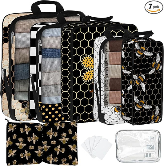 7 Pcs Compression Packing Cubes for Travel, Waterproof Suitcase Luggage Backpack Organizer with Toiletry Bag Travel Essentials for Women/Men-Bees