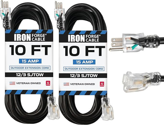 Iron Forge Cable 2 Pack 12 Gauge Outdoor Extension Cord 10 Ft, SJTOW 12/3 Heavy Duty Extension Cord 3 Prong - Oil Resistant & Flame Retardant