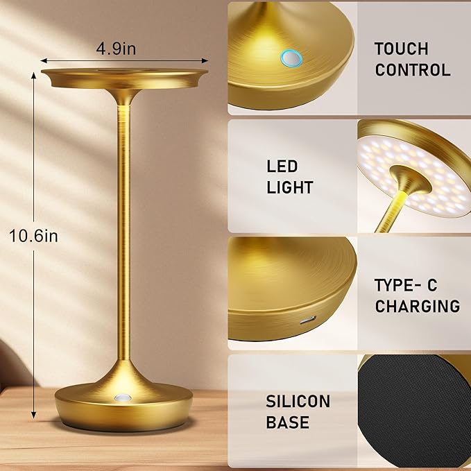 2 Pack LED Rechargeable Cordless Table Lamps, Portable Outdoor Battery Operated Table Light 3 Color Stepless Dimming Table Lamp with Memory Function for Patio Restaurant Dining Room Gold